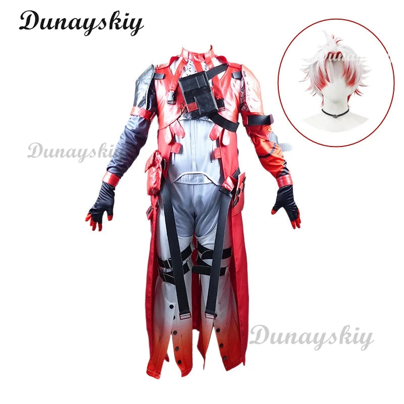 Wuthering Waves Scar Cosplay Costume Wig Men Uniform Headwear Earrings Electro Congenital Resonator Red Cortex Halloween Party