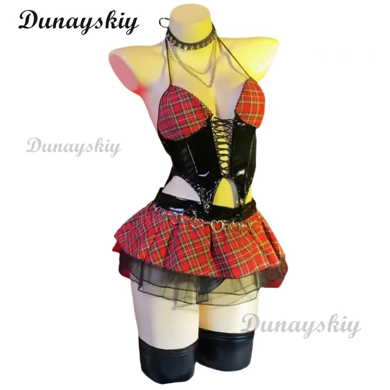 Miss Misa Cosplay Costume and Wig Halloween Gothic Top and Skirt with Net Stockings and Sleeves Black Corset Skirt Set Lace-up