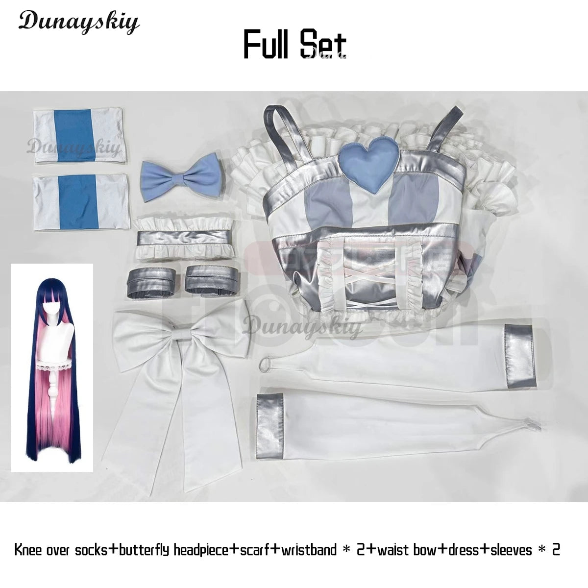 Anarchy Black Dress Blue Bow Anime Panty & Stocking Garterbelt Cosplay Costume Wig Stockings Bowknot Cos Convention Customized