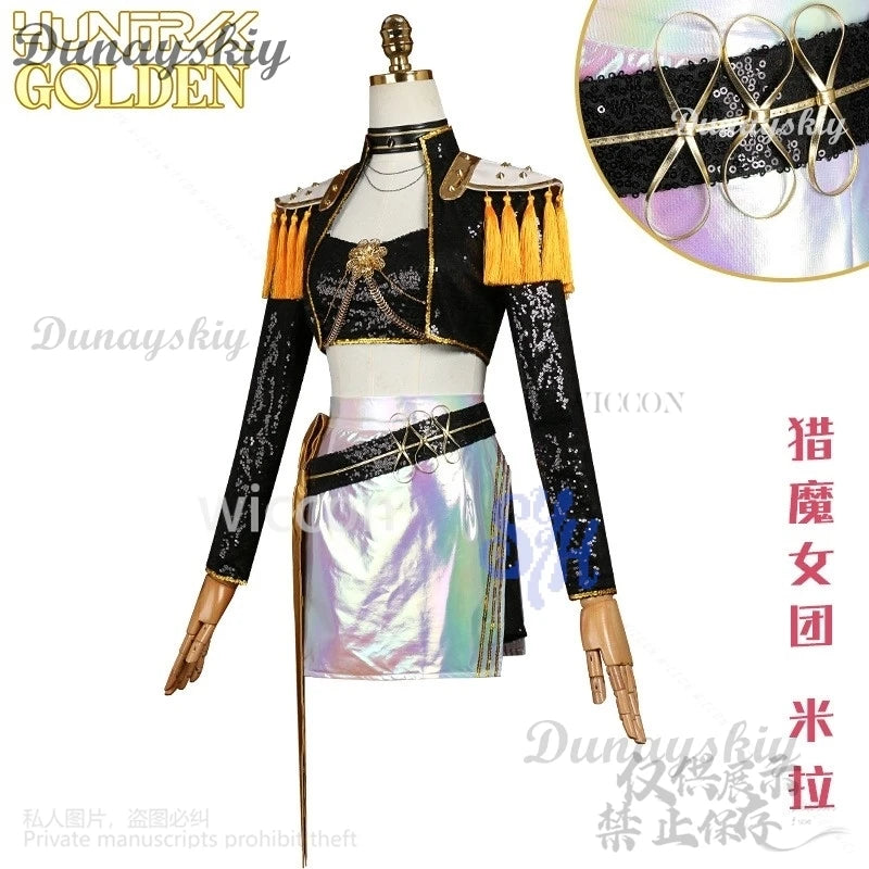 Korea Idol Girls Uniform Kpop Demon Cosplay Mira Huntrix Golden Stage Costume Black Punk Coat Mini Dress Lolita 코스프레 Halloween