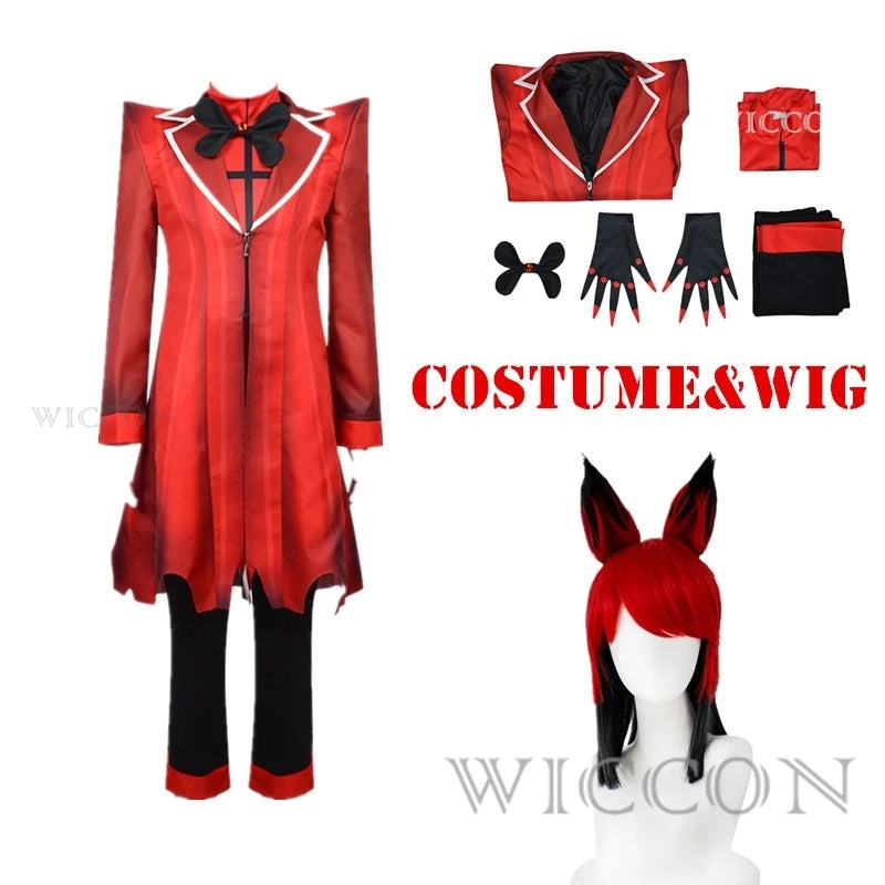 ALASTOR Cosplay Kids Size Hazbbin Anime Cosplay Costume Wig Ears Hotel Accessories Halloween Uniform Men Women Jacket Red Suit