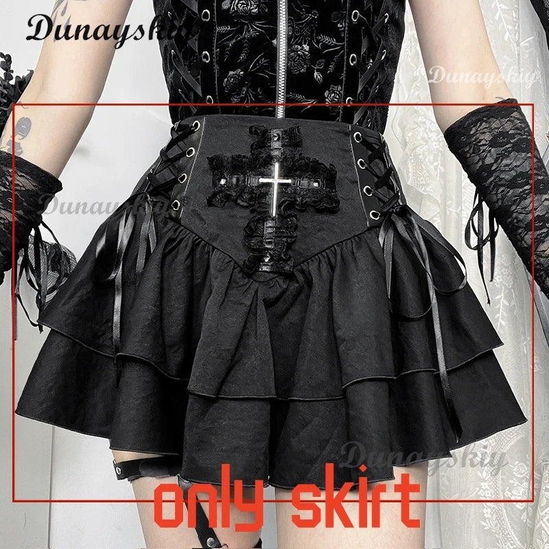 Black Gothic Lace Trim Long Sleeve T-Shirts Women Vintage Sexy Lace-up Square Collar Tops Japanese Fashion Y2k Subculture Tees