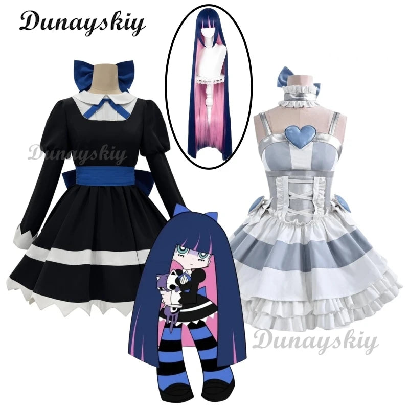 Anarchy Black Dress Blue Bow Anime Panty & Stocking Garterbelt Cosplay Costume Wig Stockings Bowknot Cos Convention Customized