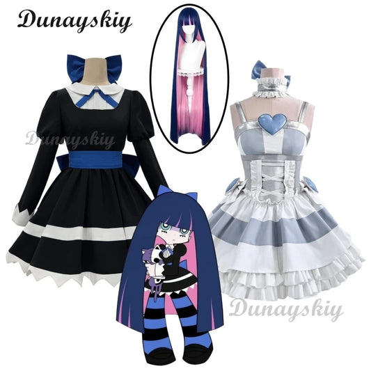 Anarchy Black Dress Blue Bow Anime Panty & Stocking Garterbelt Cosplay Costume Wig Stockings Bowknot Cos Convention Customized