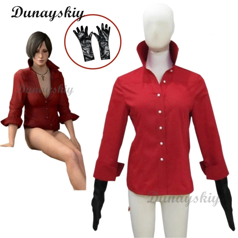 Resident 6 Ada Wong Cosplay Costume Wig Prop Evil Red Shirt Pants Halloween Carnival Disguise Suit Women Girls Customized