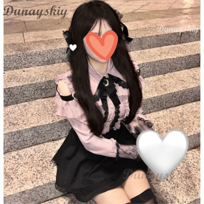 Jirai kei Outfit Lolita Girls Shirt Skirt Set Women Kawaii Bow Long Sleeve Y2K Casual Aesthetic Shirt Japanese Style Women