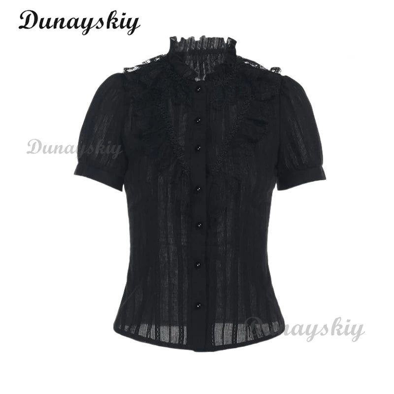 Vintage Mall Gothic Black Shirt Skirt Women Dark Palace Style Streetwear Jacquard Texture Blouse Sleeve Lace Patchwork Shirt