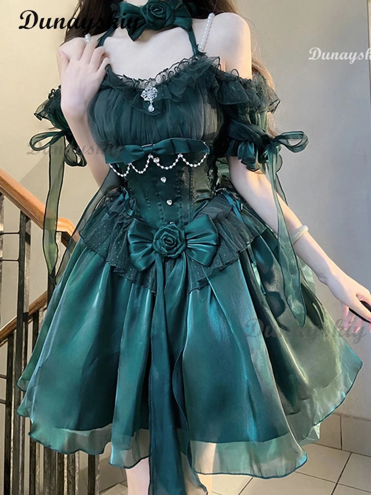Exquisite Elegant Green Lolita Dress High Waist Slim Fit Bow Off -The-Shoulder Neck Suspender Dress Wedding Dress Customized