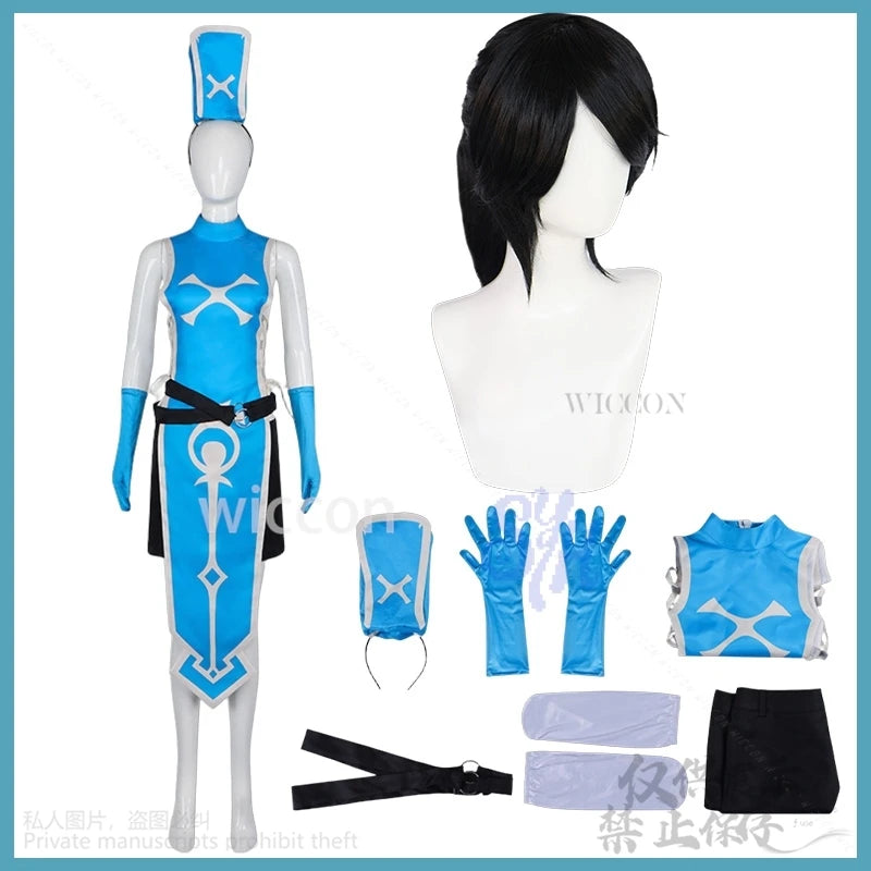 The Stunned Hero And The Assassin Princesses Anemone Cosplay Anime Costume Blue Sexy Qipao Split Skirt Side Hat Halloween Party