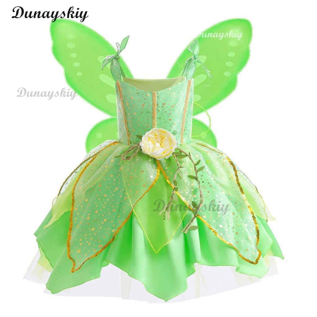 Fancy Girl Flower Fairy Tinker Green Wing Dress Bell Halloween Peter Pan Elf Cosplay costumes Masquerade Party Gowns