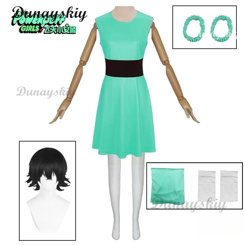 Powerpuff Cosplay Girls Costume Dress Set Blossom Buttercup Bubbles Costume Dress Women  Belt Set Halloween Fancy Dress