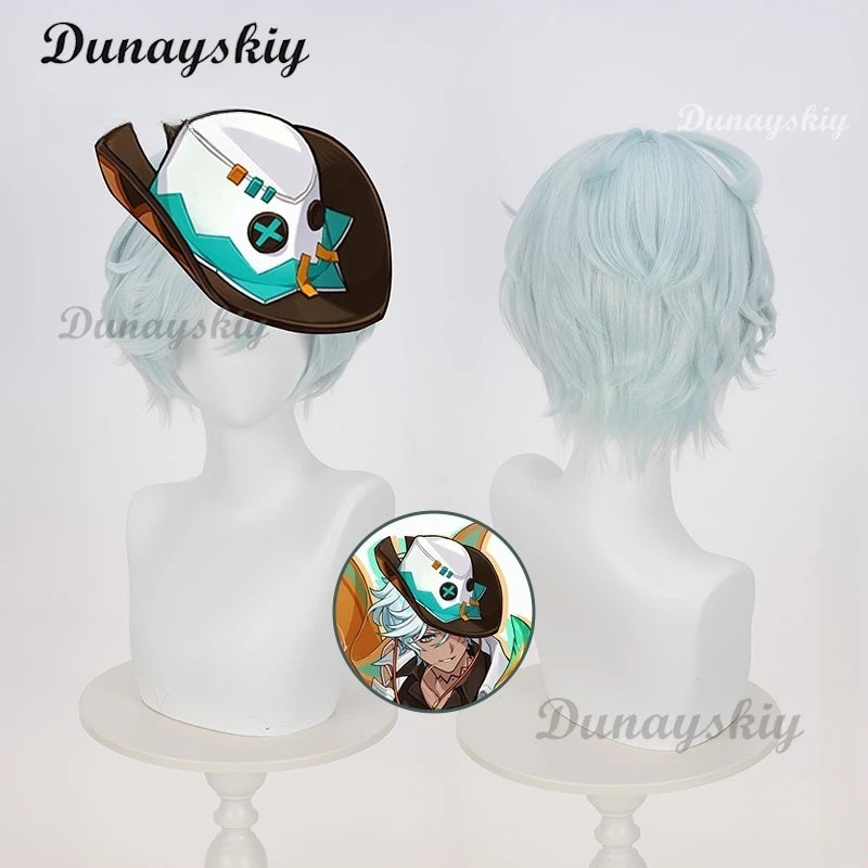 Genshin Impact Ifa Cosplay Light Blue Wig Short Hair Tlalocan Flower-Feather Clan Natlan Halloween Party for Women Men Carnival