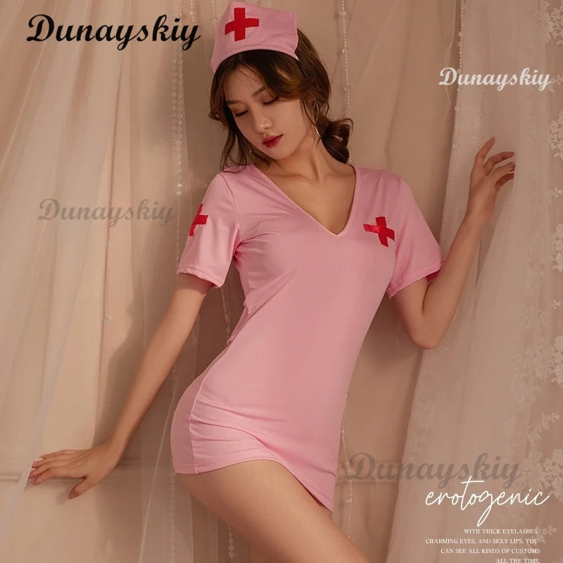 Temptation Nurse Outfit Cosplay Costume Sex Underwear Hip-Length Pink Black White Sexy Hot Nurse Lingerie Cosplay Women Charming