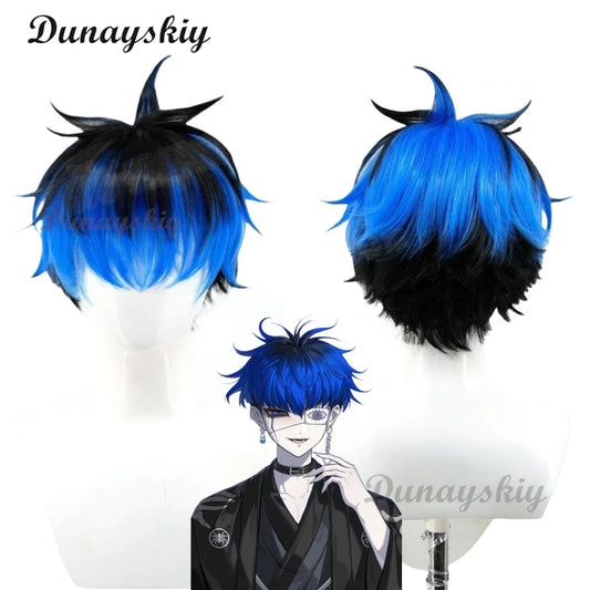 The Hundred Line Yugamu Omokage Cosplay Wig Blue Black Short Hair Last Defense Academy Halloween Party for Women Men Carnival
