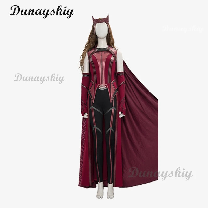P-Jsmen Female Wanda Maximoff Cosplay Costume Scarlet Witch Headwear Cloak and Pants Full Set Outfit Halloween Accessories Props