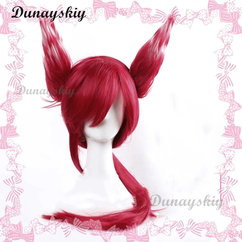 LOL The Rebel Xayah Cosplay Red Wig Woman Hair Game Cos Wig With Removable Chip Ponytails + Wig Cap