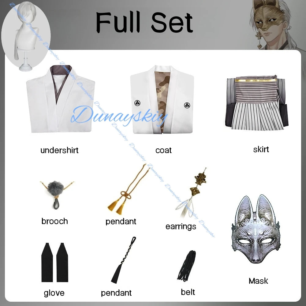 Fox Mask Hinako Shimizu Cosplay Costume Silent Game White Suit Wig Mask Earrings Halloween RolePlay Party