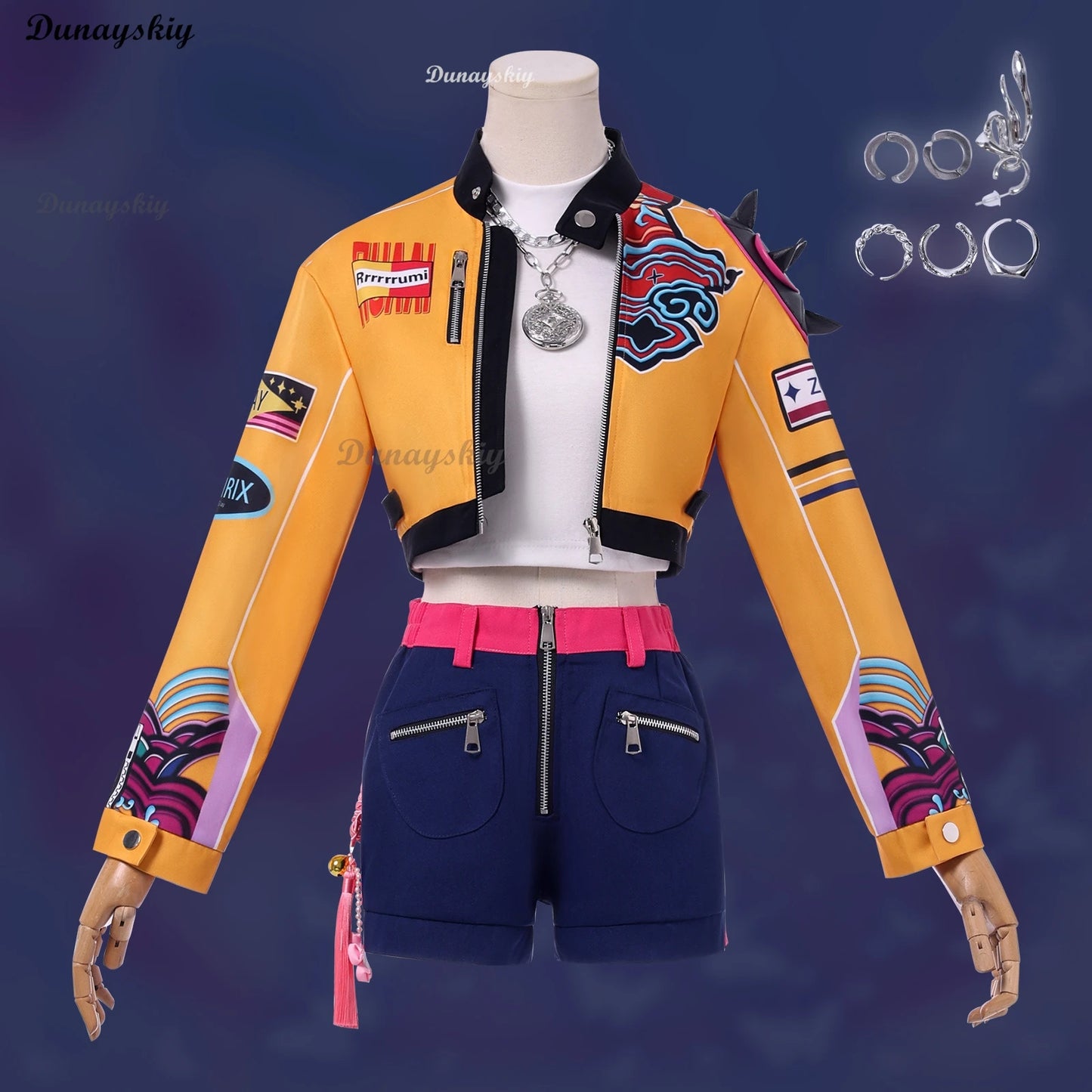 Superstar Rumi Cosplay Costume Wig Anime KPop Demon Hunters Cos Necklace Earrings Girl Group Suit Women Halloween Party Roleplay