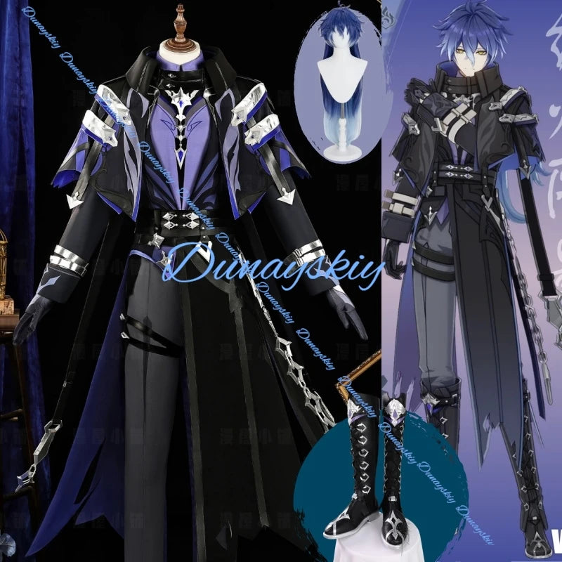 Genshin Impact Flins Cosplay Costume Wig Black Suits Coat Props Full Set Outfit UniformKyryll Chudomirovich Halloween Carnival