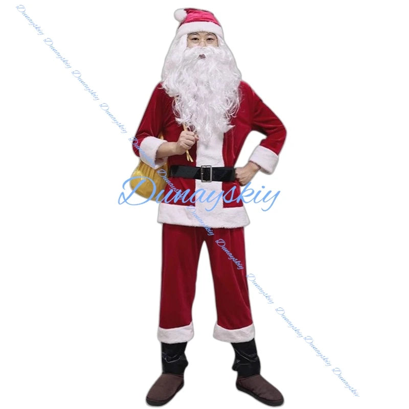 Christmas Santa Claus Costume Beard Lots Men Cosplay Santa Claus Clothes Fancy Dress In Christmas Men Costume Suit For Adults