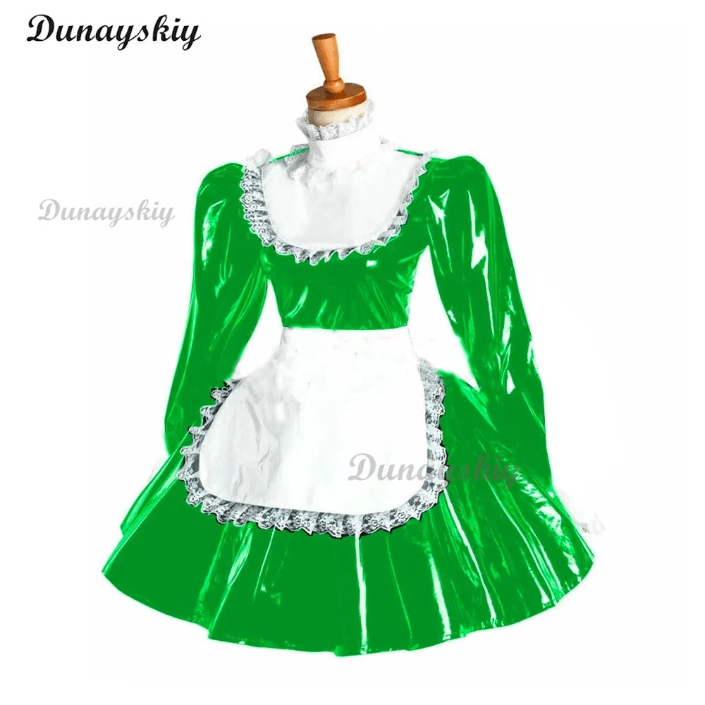 Puff Long Sleeve Gothic Mini Dress Cosplay Women Lolita Bowknot Lace Apron Dress PVC Wetlook Maid Cosplay Halloween Maid costume