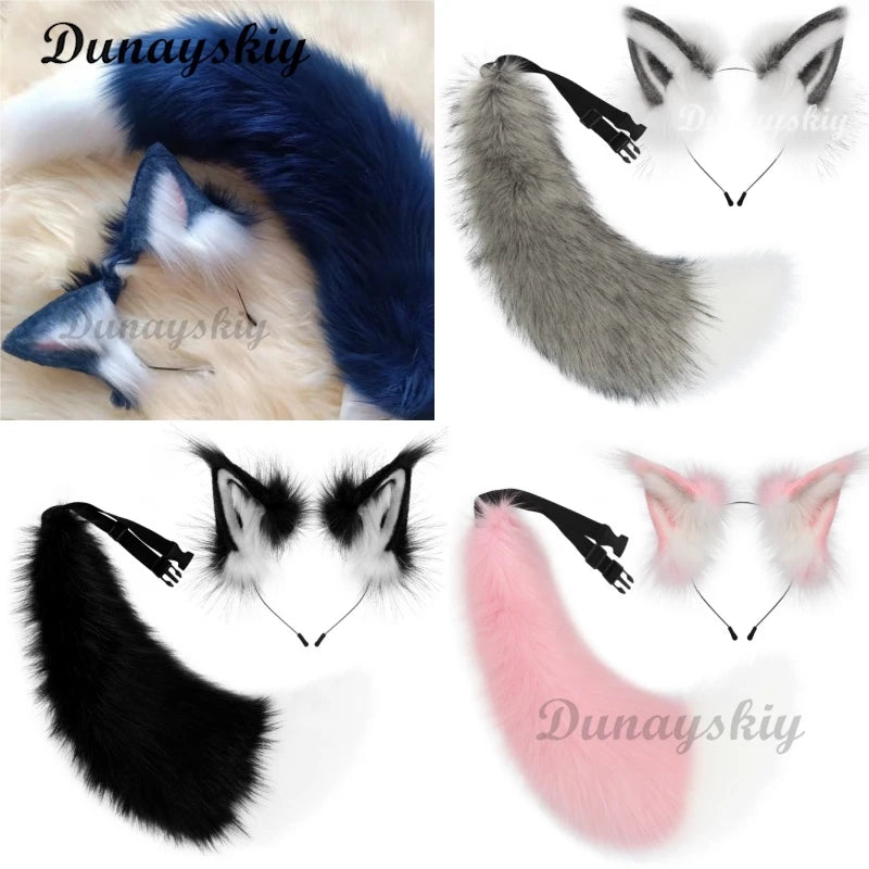 Handmade Deep Blue Wolf Ear Fox Ear Hairband Headwear Dog Ear KC Hair Clip Costume Accessories Tail Animal Ear Cosplay Props