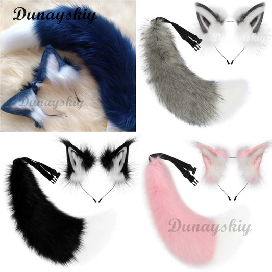 Handmade Deep Blue Wolf Ear Fox Ear Hairband Headwear Dog Ear KC Hair Clip Costume Accessories Tail Animal Ear Cosplay Props
