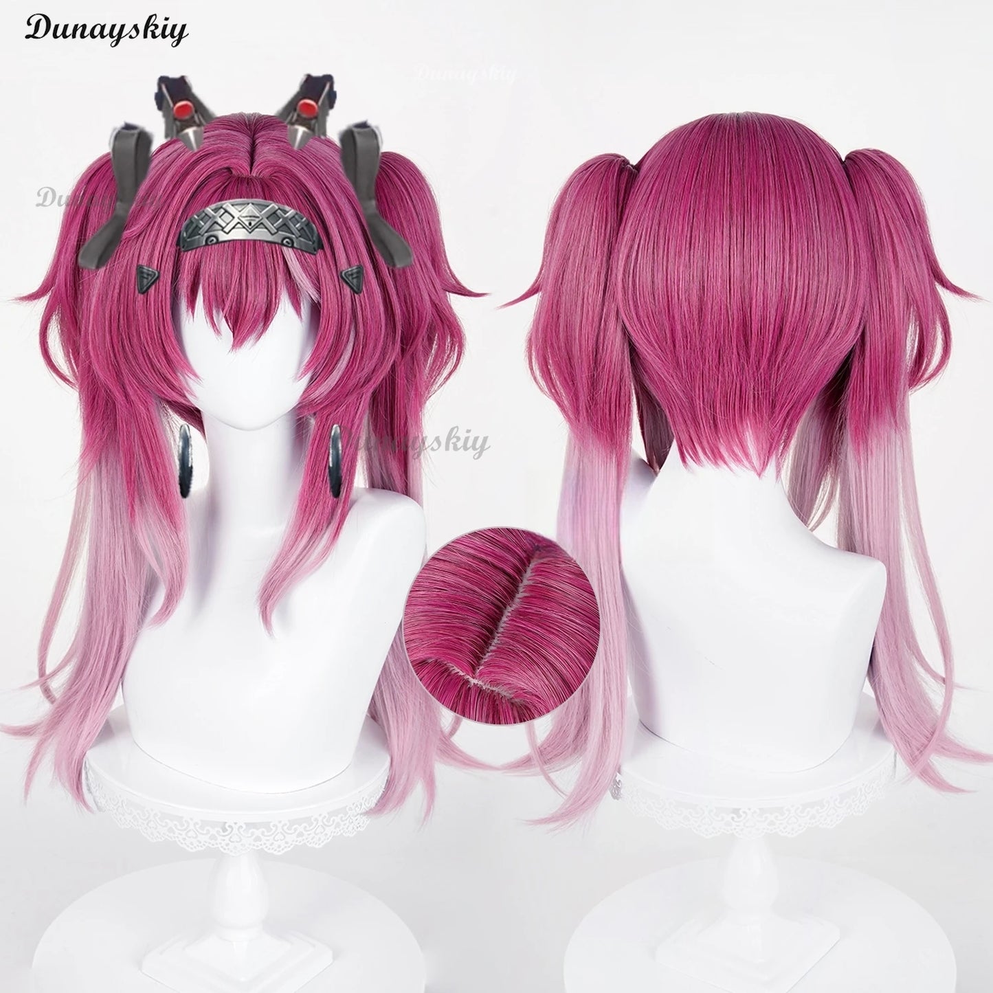 Game Wuthering Waves Lupa Cosplay Wig Mixed Color Headwear Props Women Wigs With Double Ponytails Heat Resistant Synthetic Hair