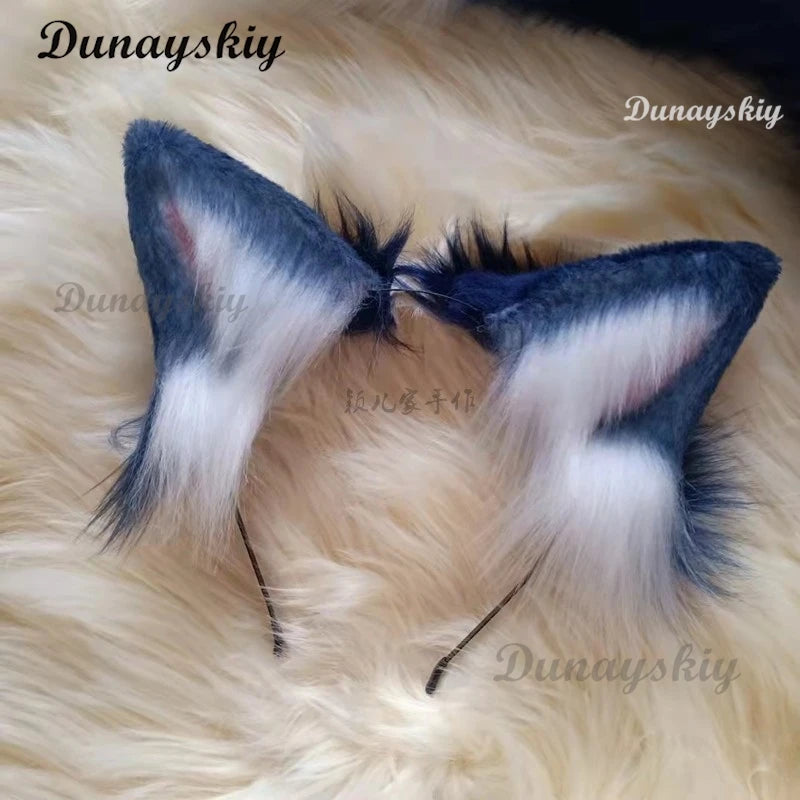 Handmade Deep Blue Wolf Ear Fox Ear Hairband Headwear Dog Ear KC Hair Clip Costume Accessories Tail Animal Ear Cosplay Props