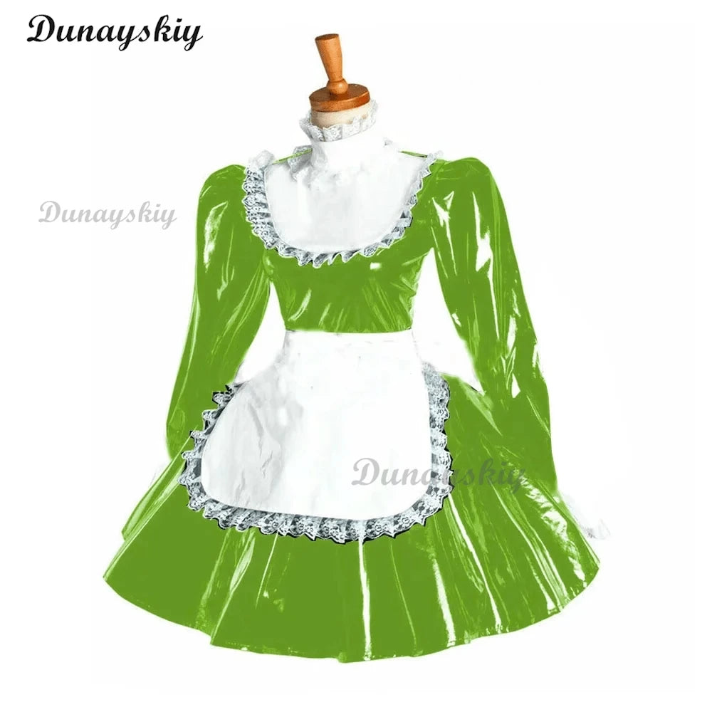 Puff Long Sleeve Gothic Mini Dress Cosplay Women Lolita Bowknot Lace Apron Dress PVC Wetlook Maid Cosplay Halloween Maid costume