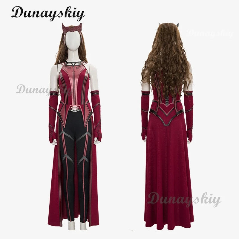 P-Jsmen Female Wanda Maximoff Cosplay Costume Scarlet Witch Headwear Cloak and Pants Full Set Outfit Halloween Accessories Props