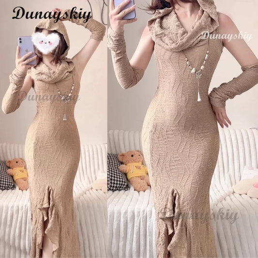Y2k Dress Sexy Pleated Dune Wasteland Style Solid Color Hooded Hip Skirt Exotic Design Hot Girl Fashion Versatile Long Skirt