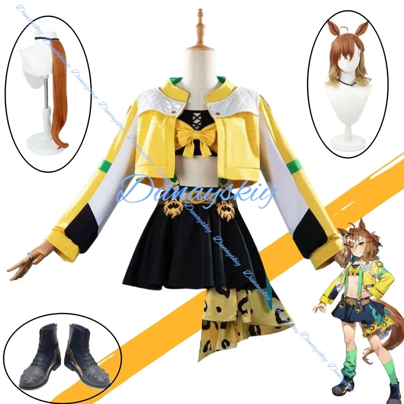 Game Umamusume Pretty Derby Jungle Pocket Cosplay Costume Wig Ear Tail Jungle Pocket Uniform Dress Yellow Coat Female Halloween