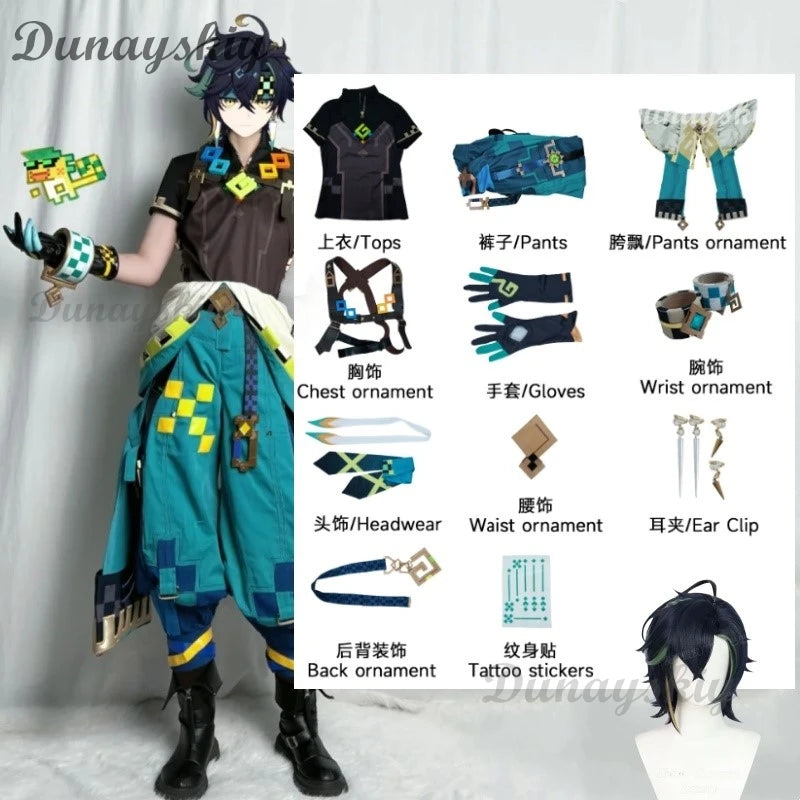 Genshin Impact Kinich Cosplay Costume Wig Turnfire Hunt Uniform Earring Sticker Props Huitztlan Natlan Halloween Party Women Men