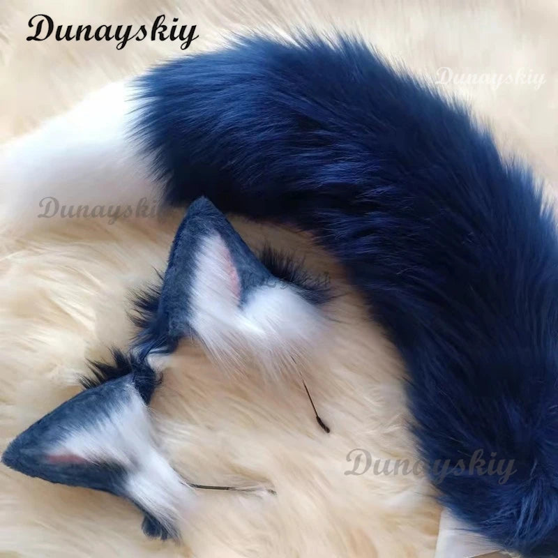 Handmade Deep Blue Wolf Ear Fox Ear Hairband Headwear Dog Ear KC Hair Clip Costume Accessories Tail Animal Ear Cosplay Props