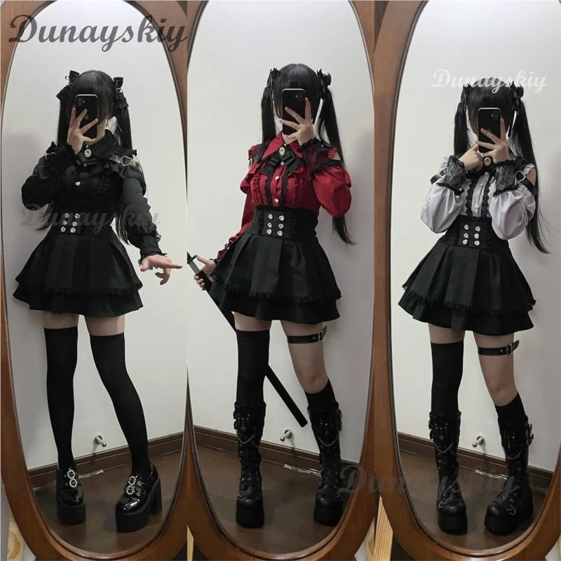 Jirai kei Outfit Lolita Girls Shirt Skirt Set Women Kawaii Bow Long Sleeve Y2K Casual Aesthetic Shirt Japanese Style Women
