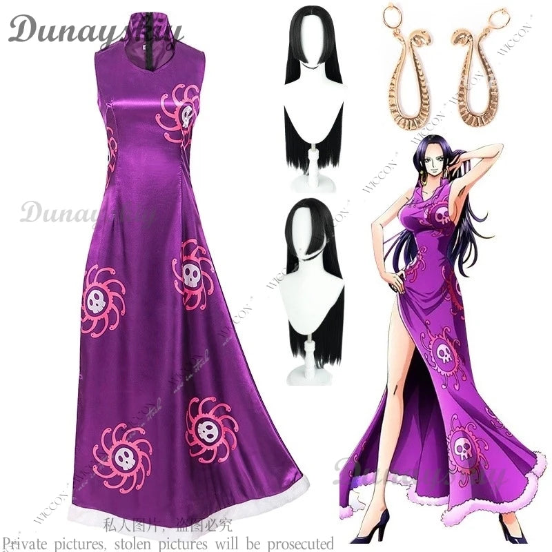 Hancock Boa Cosplay Costume Wig Halloween Costume Party Woman Adult Sexy Comic-Con Oneesan Disguise Purple Dress Set Ear Clips
