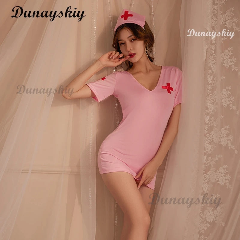Temptation Nurse Outfit Cosplay Costume Sex Underwear Hip-Length Pink Black White Sexy Hot Nurse Lingerie Cosplay Women Charming