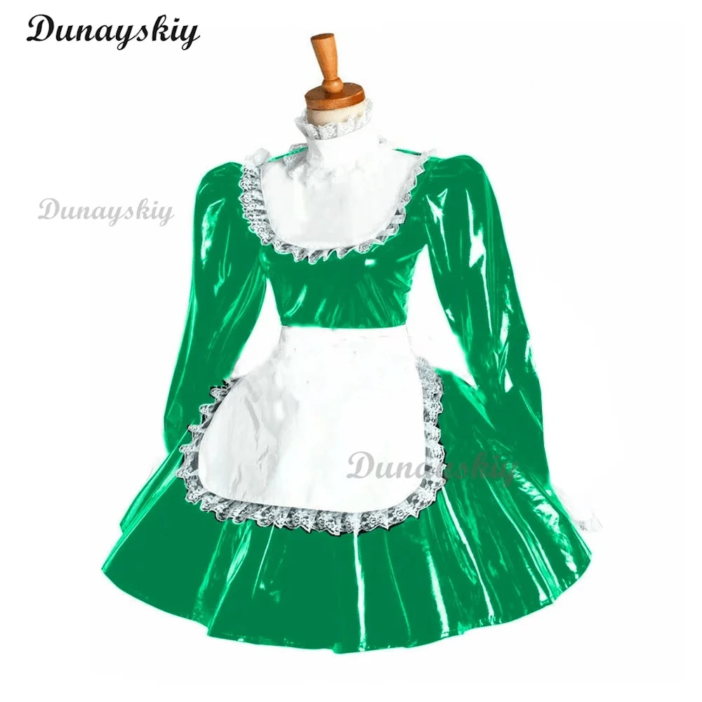 Puff Long Sleeve Gothic Mini Dress Cosplay Women Lolita Bowknot Lace Apron Dress PVC Wetlook Maid Cosplay Halloween Maid costume
