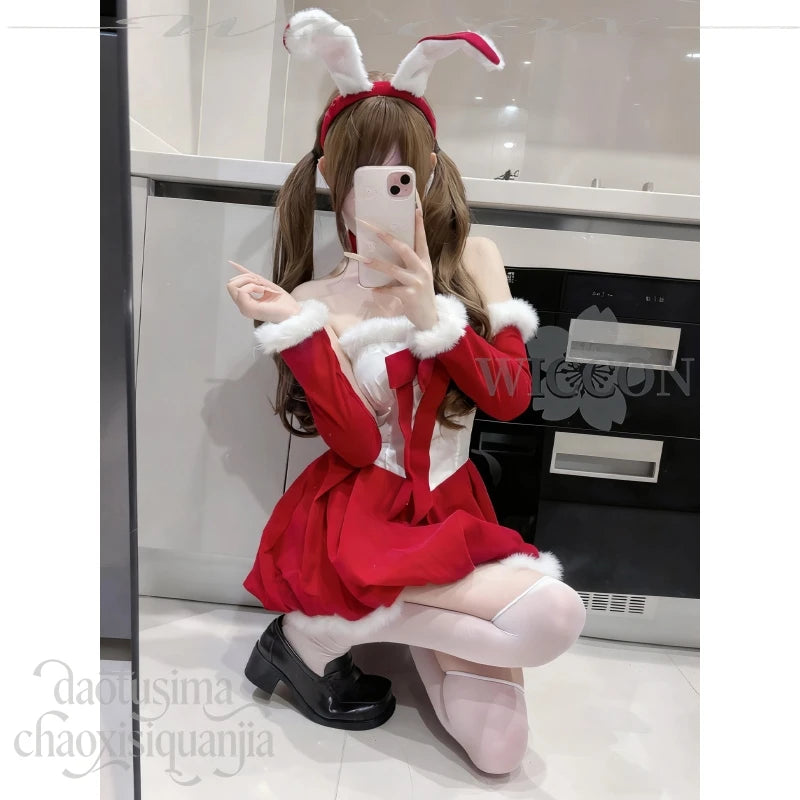 Anime Kawaii Original Design Red Velvet Maid Bunny Dress Cute Rabbit Headwear Cos Halloween Christmas 2025 Party Outfit