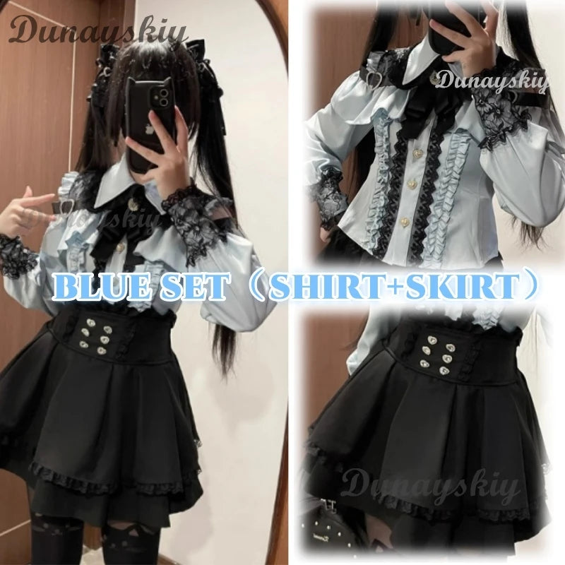 Jirai kei Outfit Lolita Girls Shirt Skirt Set Women Kawaii Bow Long Sleeve Y2K Casual Aesthetic Shirt Japanese Style Women
