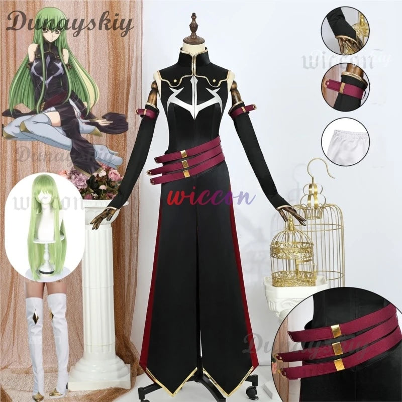 Code Geass CC Cosplay Costume Witch Black Queen C.C. Uniform Wig Suit Anime Halloween Carnival Full Set Anime Party Dress