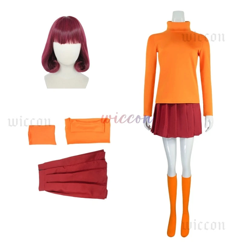 Anime Velma Seragam Cosplay Kostum Orange Short Skirt Uniform Wanita Oranye Kaus Kaki Rok Atas Halloween Party Carnival Set