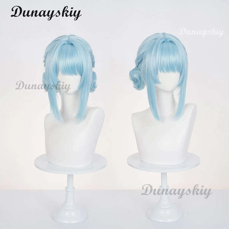 Genshin Impact Ineffa Cosplay Wig Light Blue Double Braid Bun Hair Wigs For Women Gilrs Vanilla Planifolia Carnival Free Wig Cap