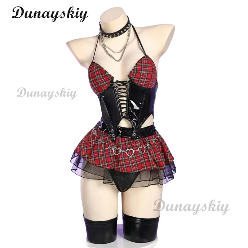 Miss Misa Cosplay Costume and Wig Halloween Gothic Top and Skirt with Net Stockings and Sleeves Black Corset Skirt Set Lace-up