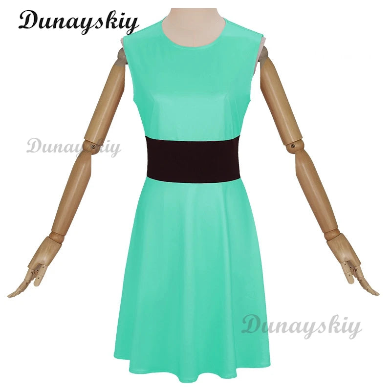 Powerpuff Cosplay Girls Costume Dress Set Blossom Buttercup Bubbles Costume Dress Women  Belt Set Halloween Fancy Dress