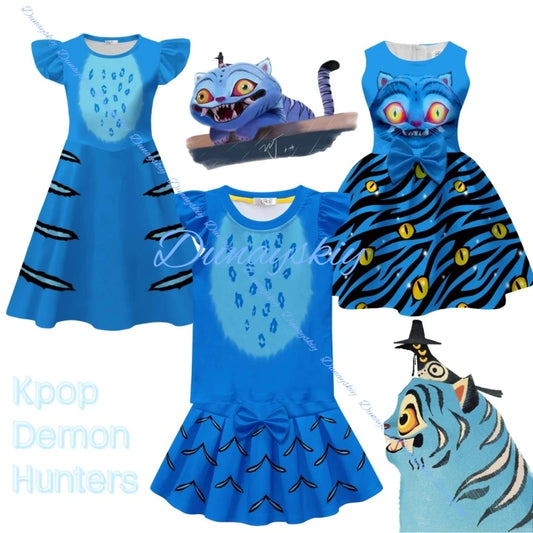 Children Kpop Demon Tiger Cosplay Costume for Girl Halloween Movie K-Pop Group Elf Role Play Flying Sleeve Dress