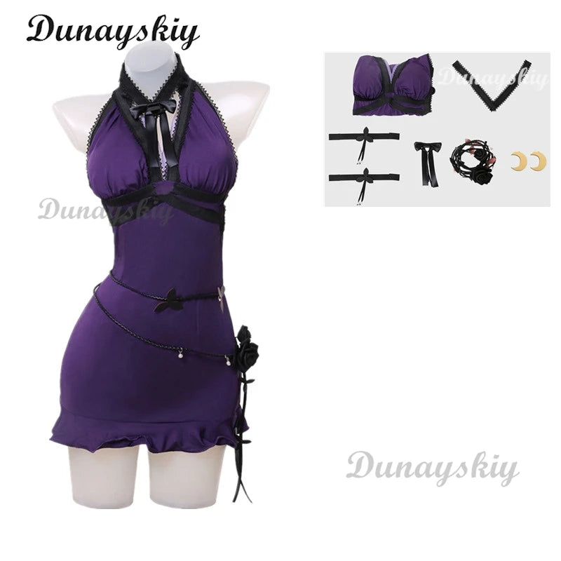 Game Final VII Tifa Lockhart Cosplay Costume Women Purple Sexy Dress Party Halloween
