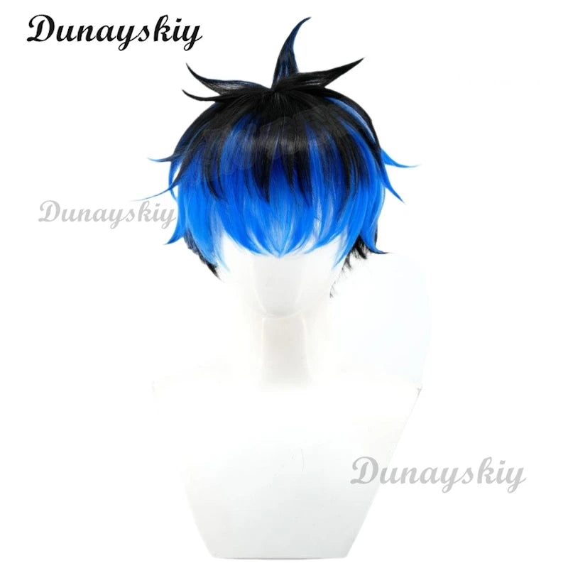 The Hundred Line Yugamu Omokage Cosplay Wig Blue Black Short Hair Last Defense Academy Halloween Party for Women Men Carnival