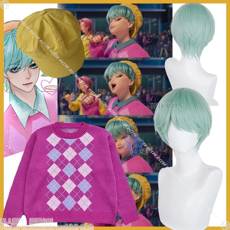 Baby Saja Boys Cosplay Costume Wig Anime Movie Kpop Demon Jirai Kei Boy Pink Retro Wool Knitted 코스프레 Kawaii Cute Lovely Sweater